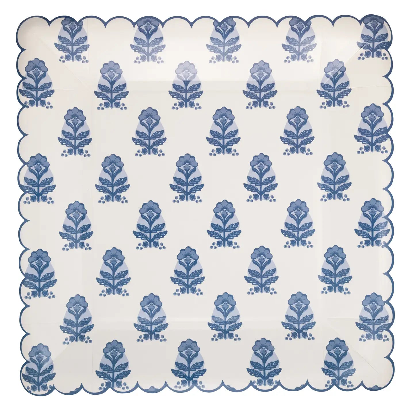 Blue Flower Block Print Paper Plate