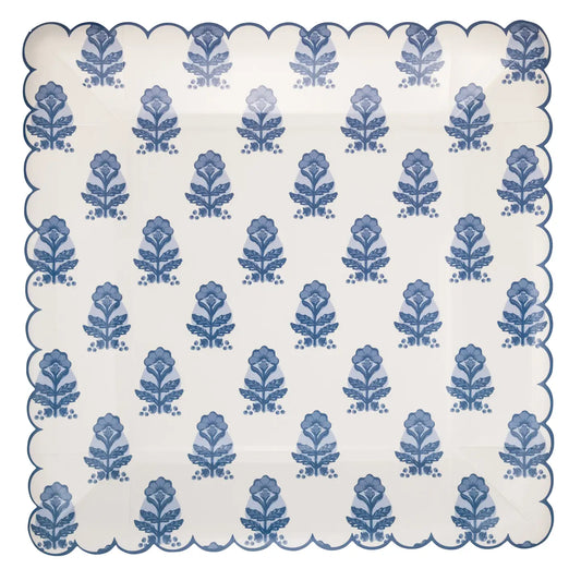 Blue Flower Block Print Paper Plate