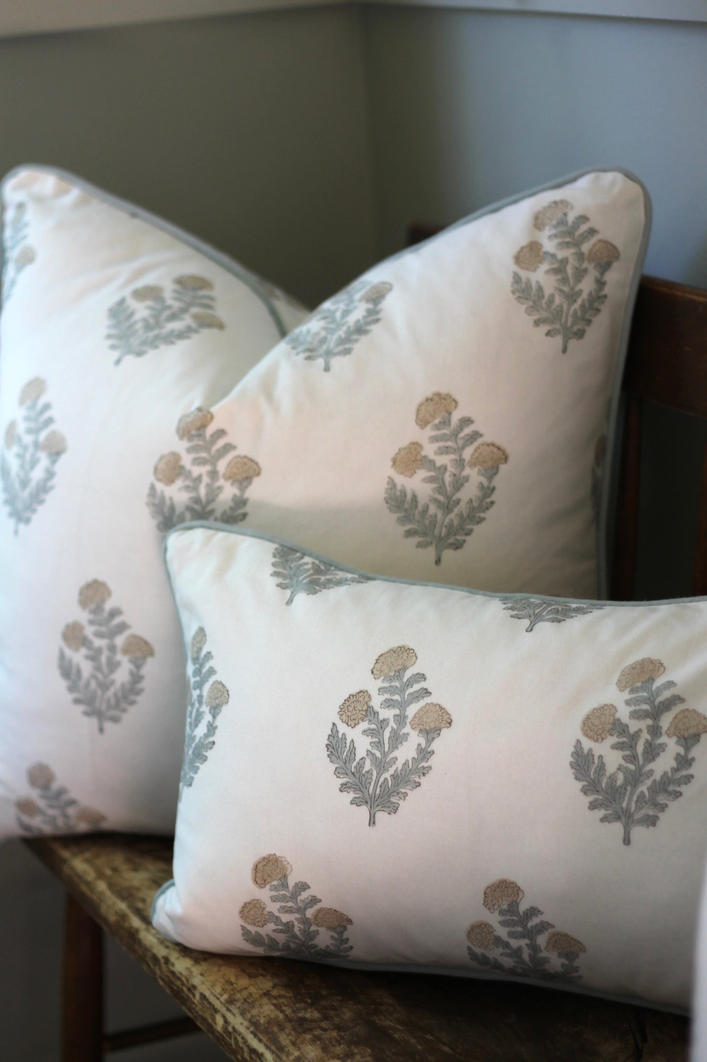 Ellie Pillow Covers with Silver Sage Piping