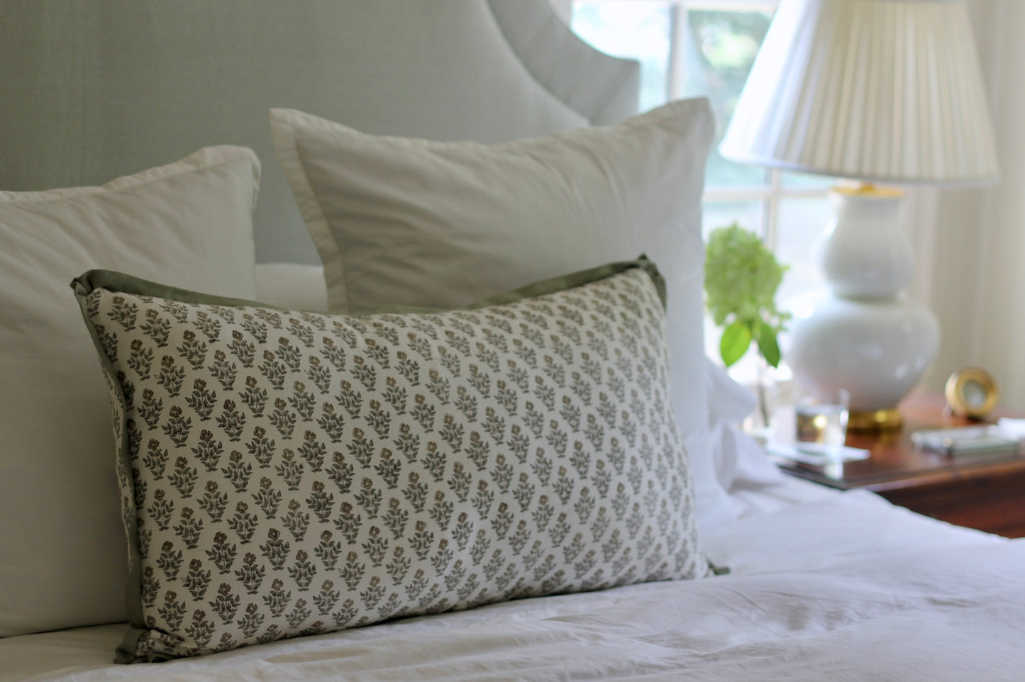 Large Rectangle Carie in Gold Pillow Covers with Sage Trim
