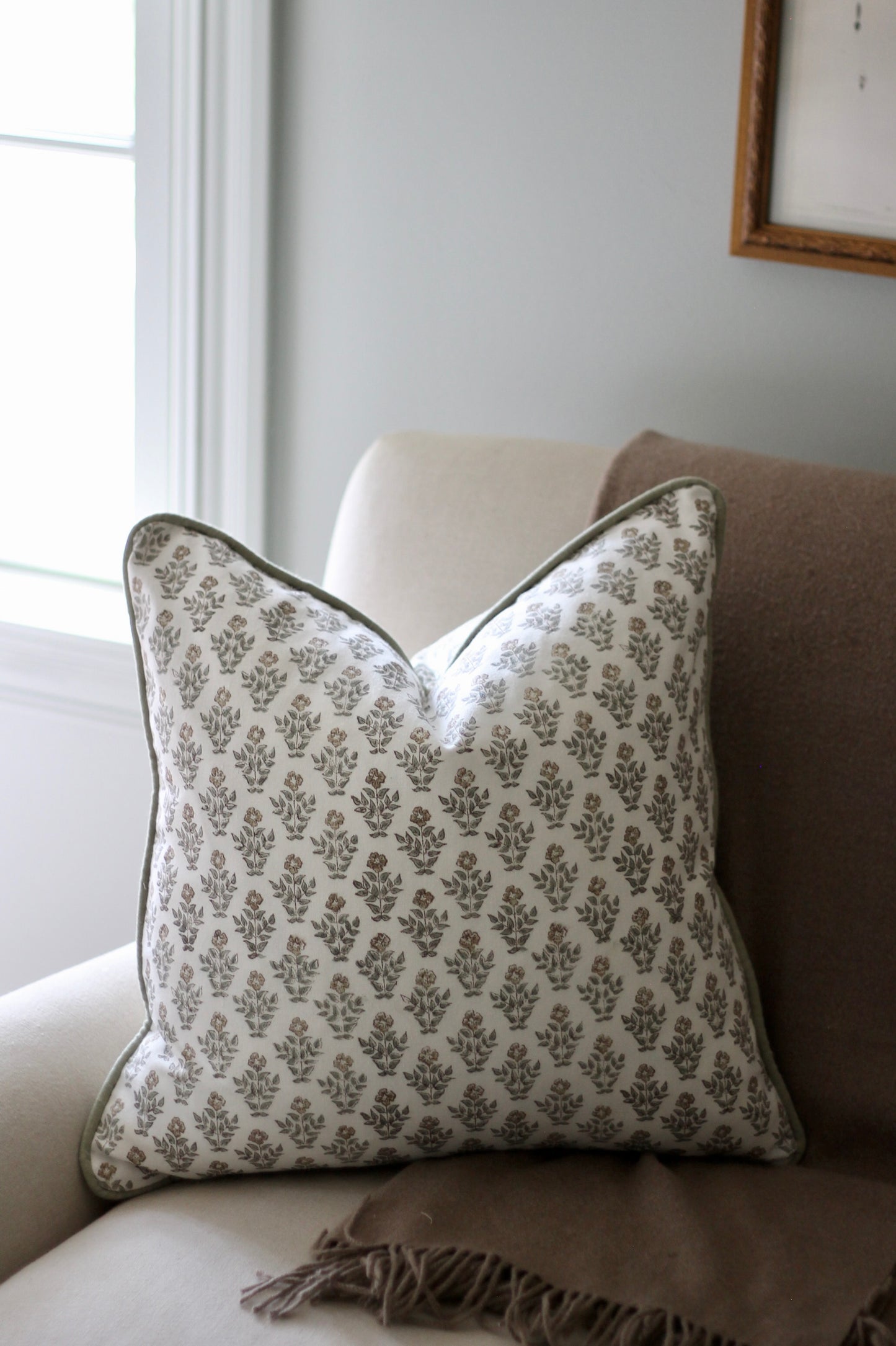 Carie in Gold Pillow Covers with Sage Trim