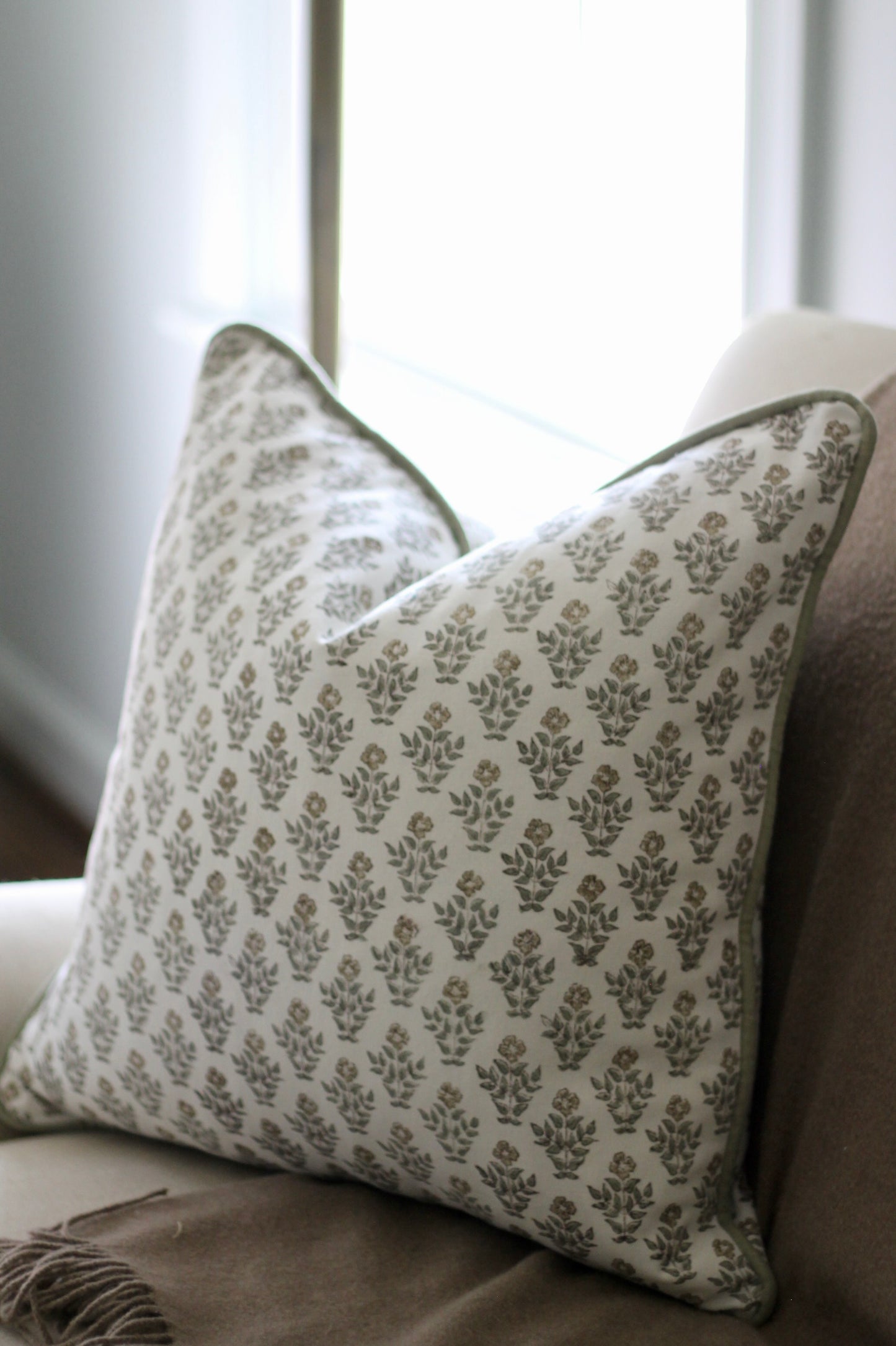 Carie in Gold Pillow Covers with Sage Trim