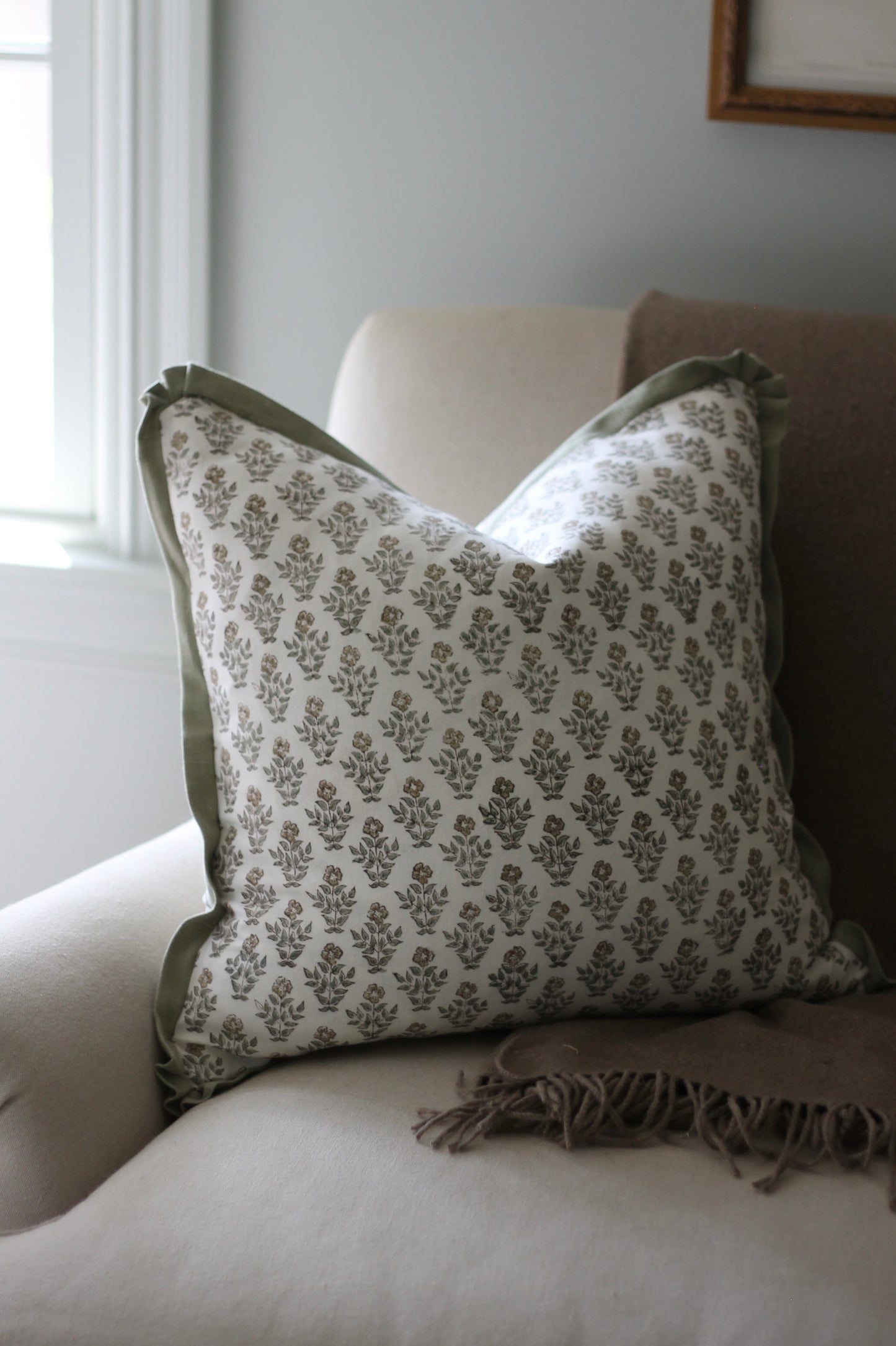 Carie in Gold Pillow Covers with Sage Trim