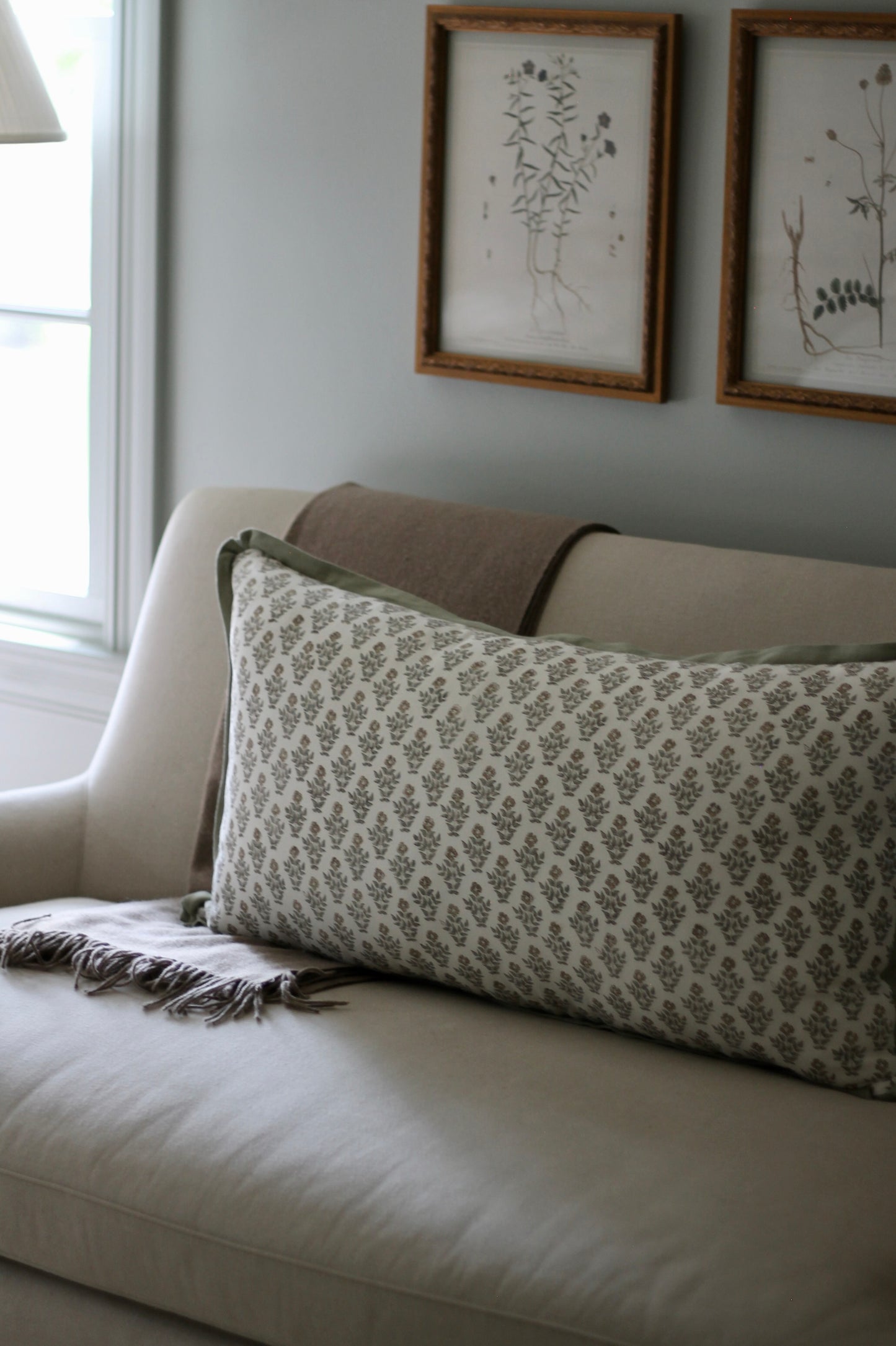 Large Rectangle Carie in Gold Pillow Covers with Sage Trim