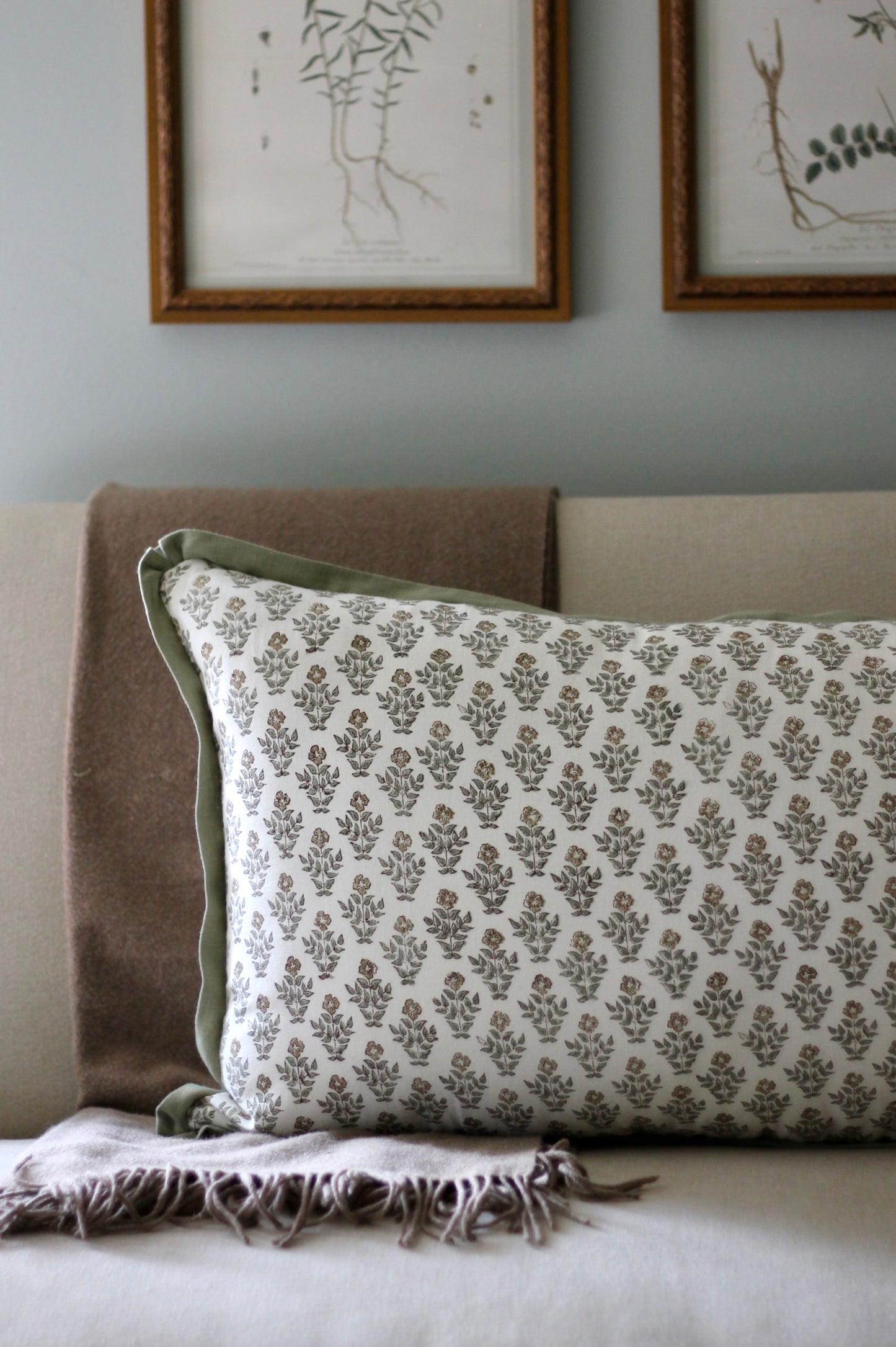 Large Rectangle Carie in Gold Pillow Covers with Sage Trim