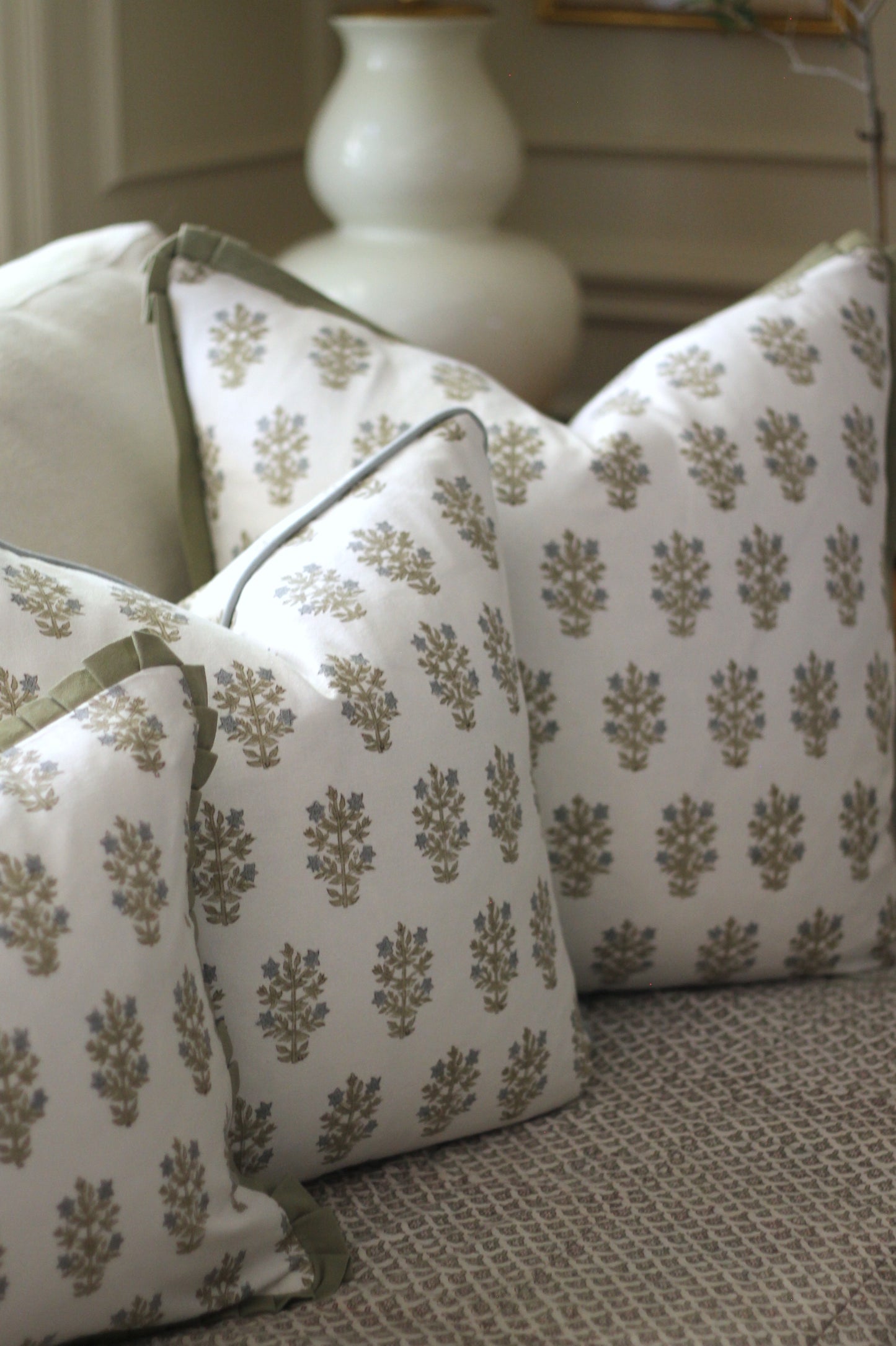 Mae Pillow Covers with Blue Piping