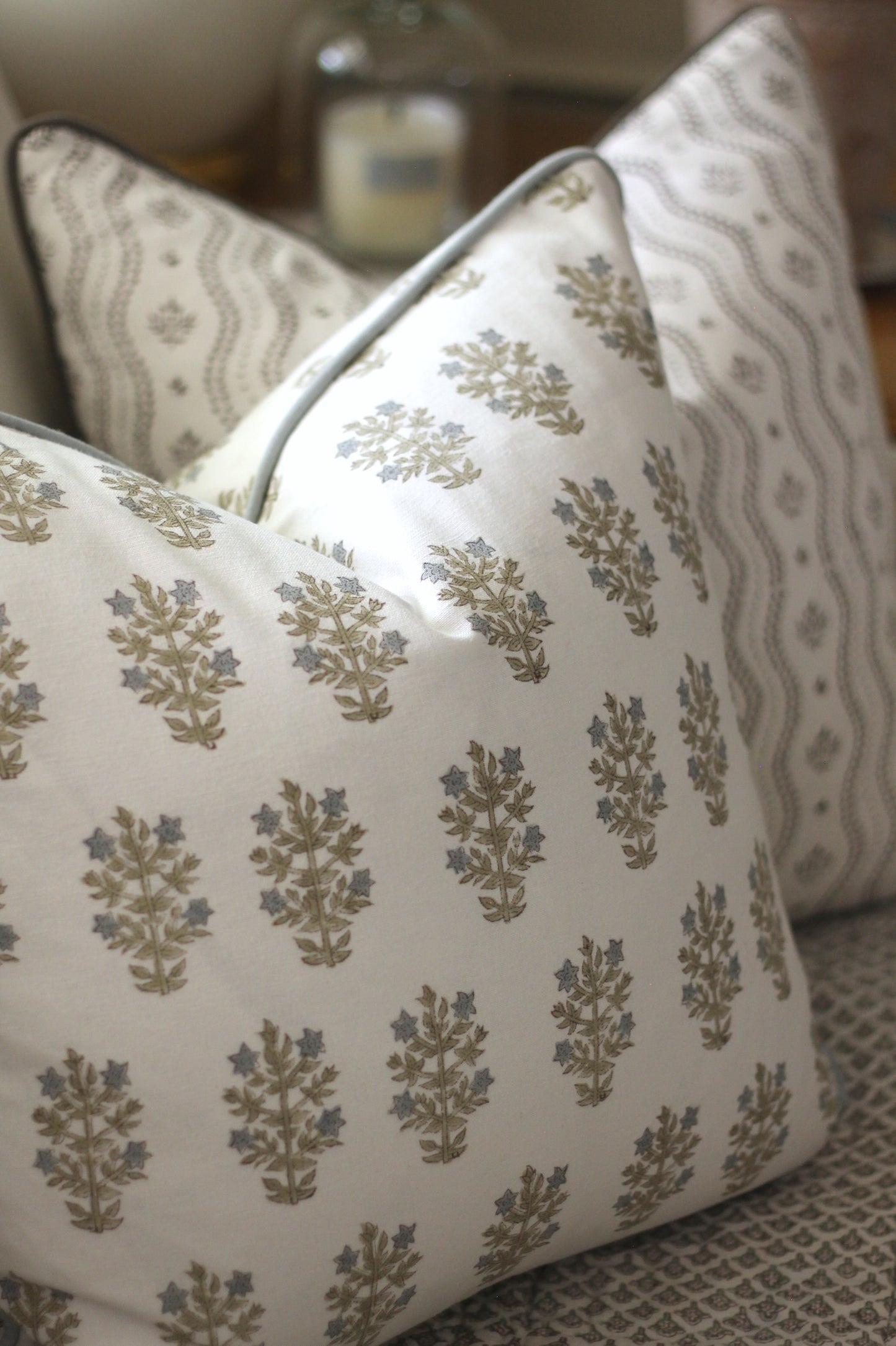 Mae Pillow Covers with Blue Piping