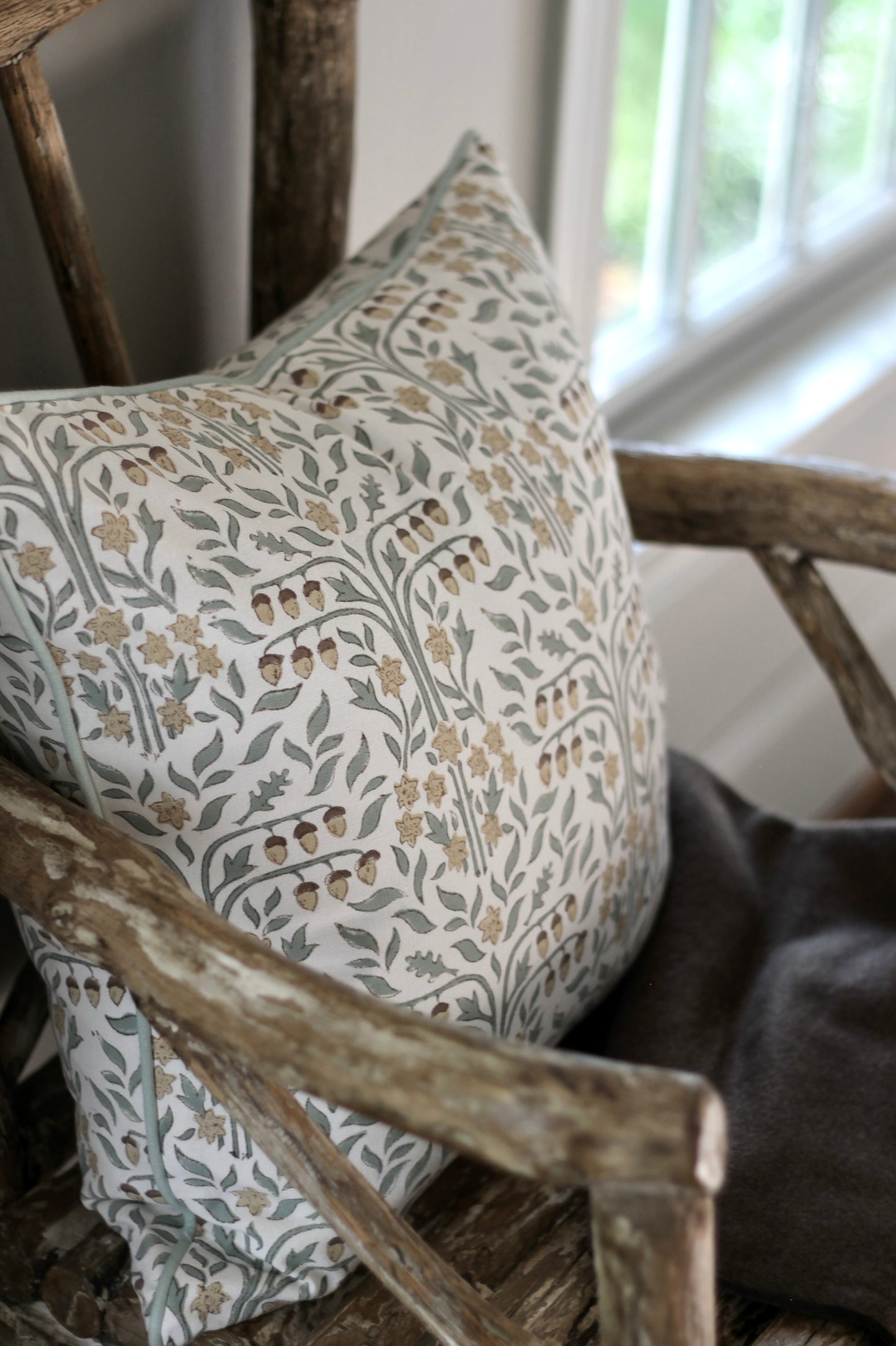 Oak Tree Pillow Covers with Sage Piping
