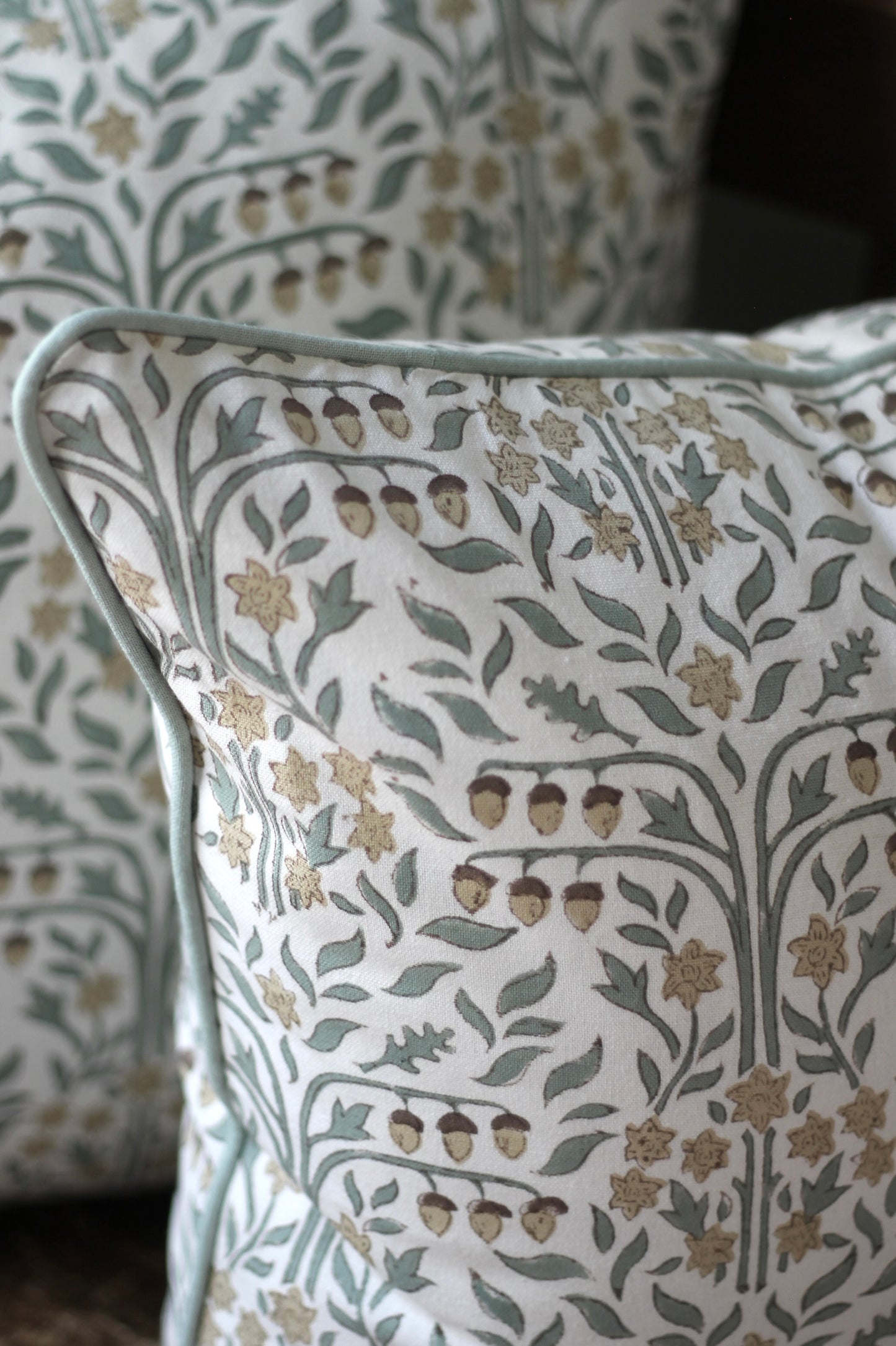 Oak Tree Pillow Covers with Sage Piping