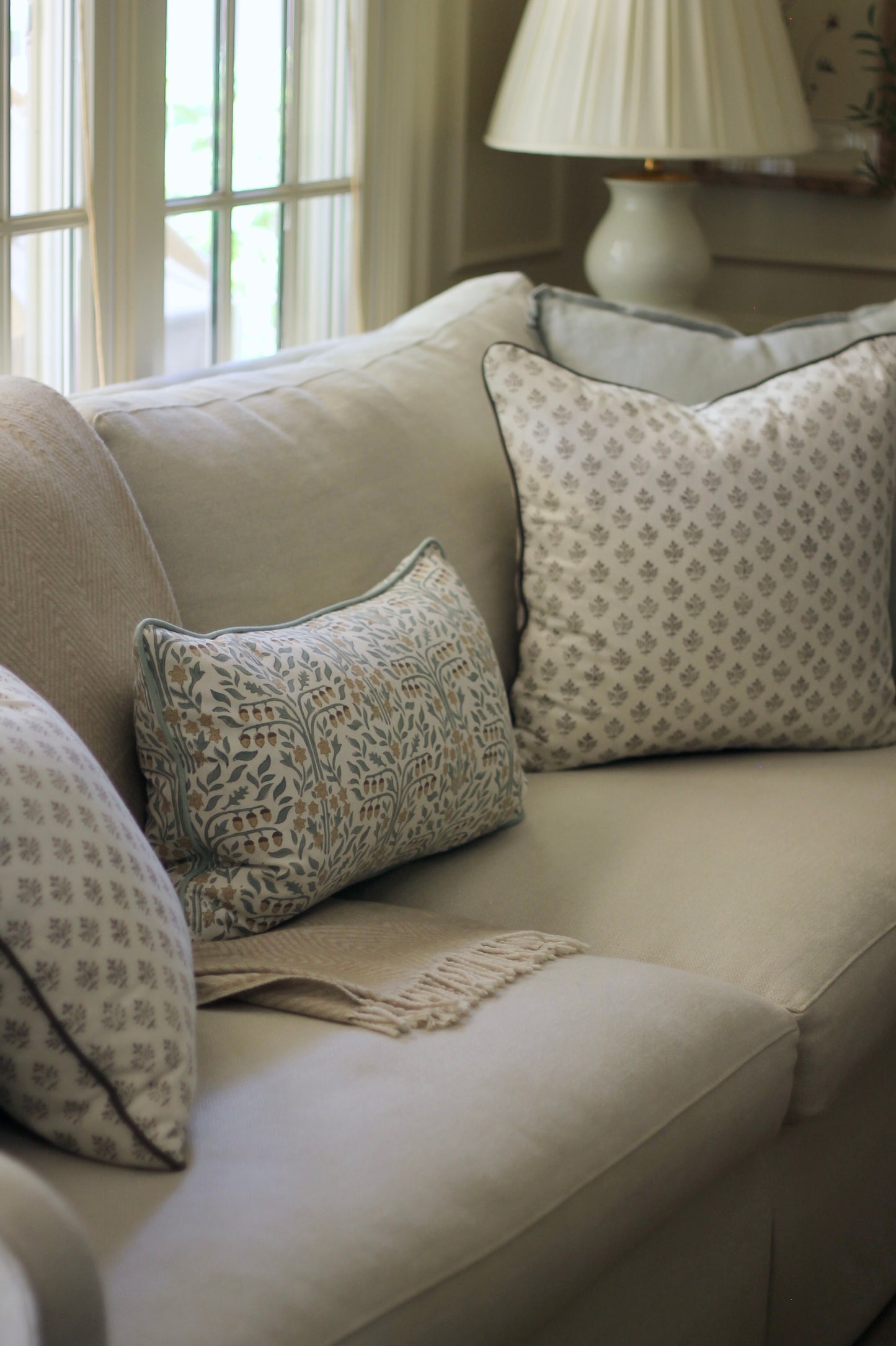 Oak Tree Pillow Covers with Sage Piping