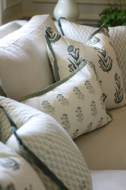 Amanda in Blue Pillow Covers with Moss Trim