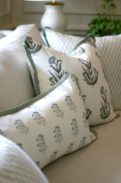 Amanda in Blue Pillow Covers with Moss Trim