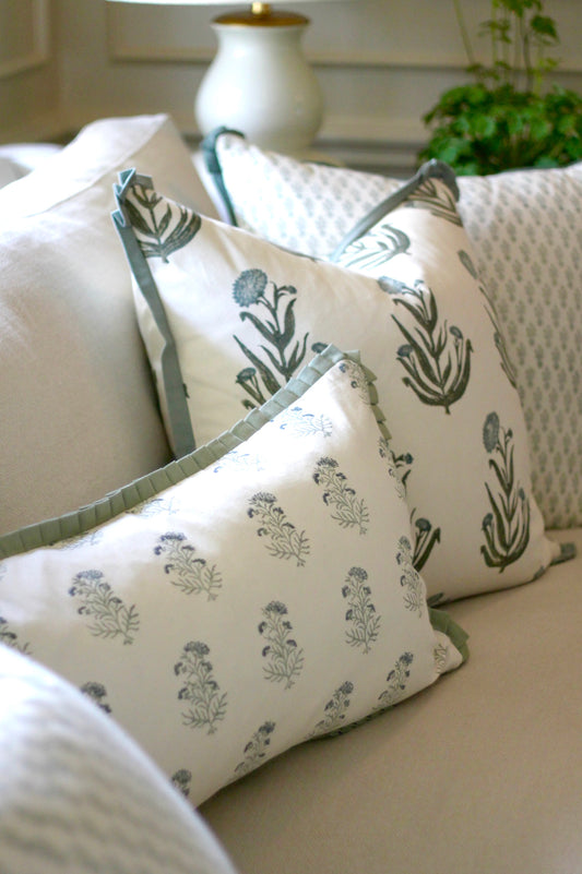 Charlotte in Blue Pillow Covers | Sage Trim