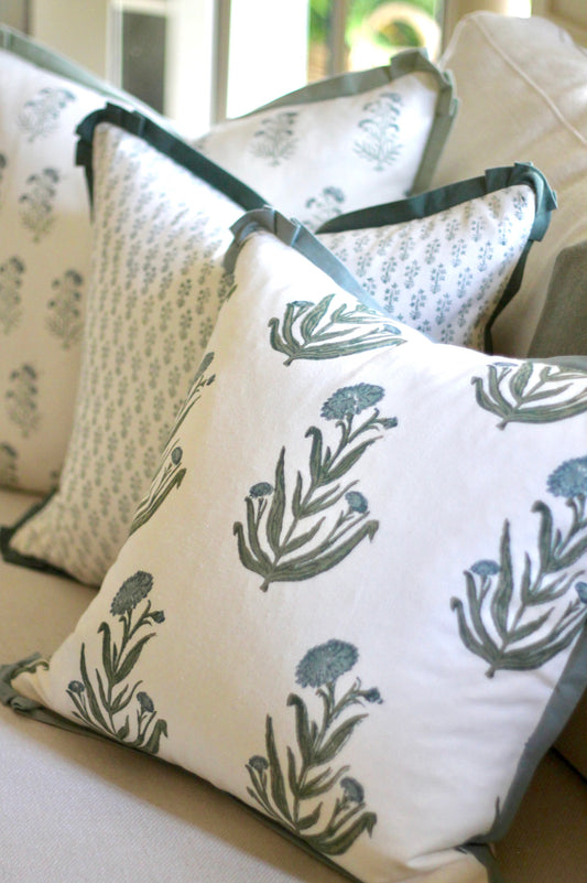 Amanda in Blue Pillow Covers with Moss Trim