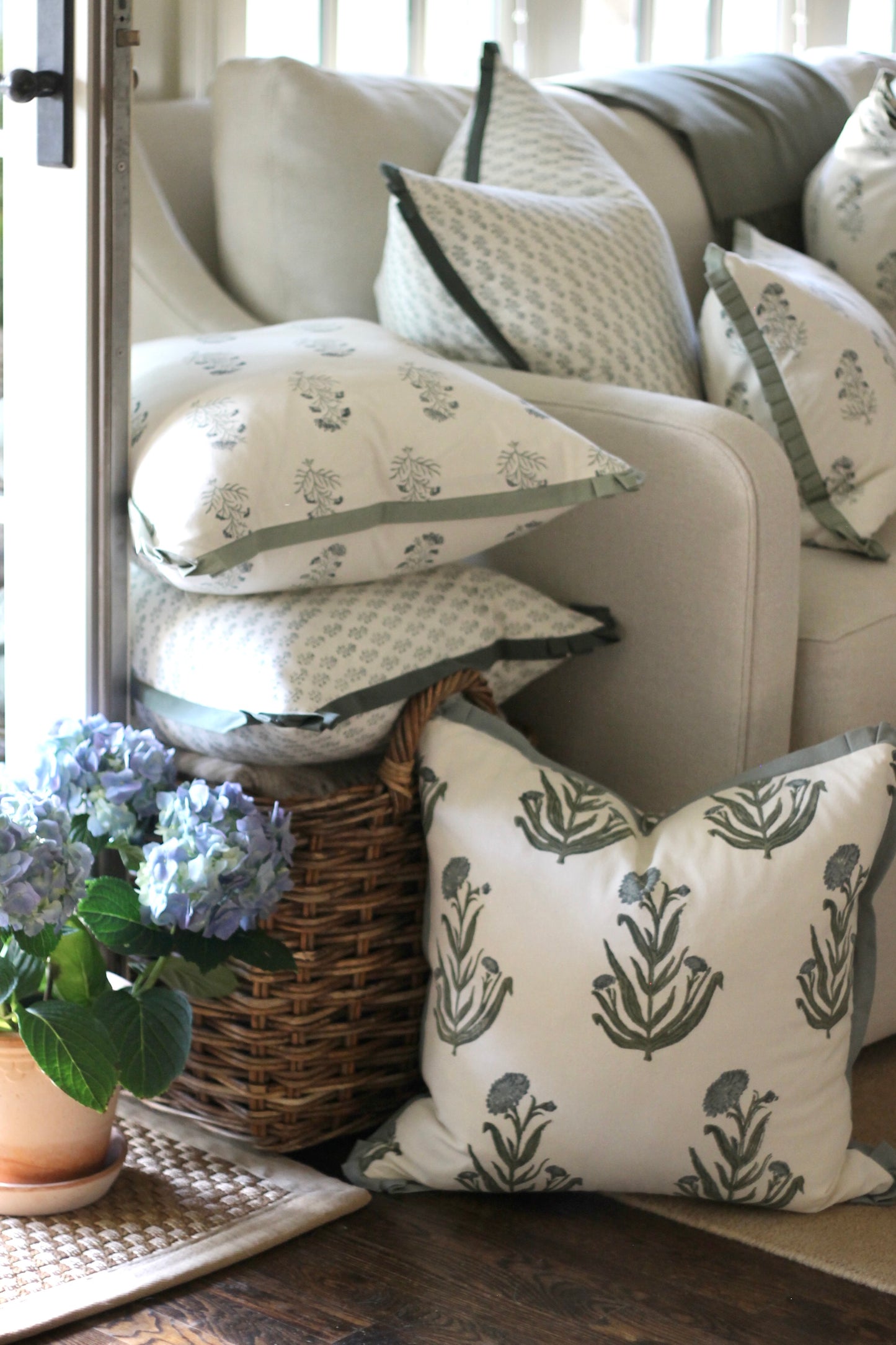 Amanda in Blue Pillow Covers with Moss Trim