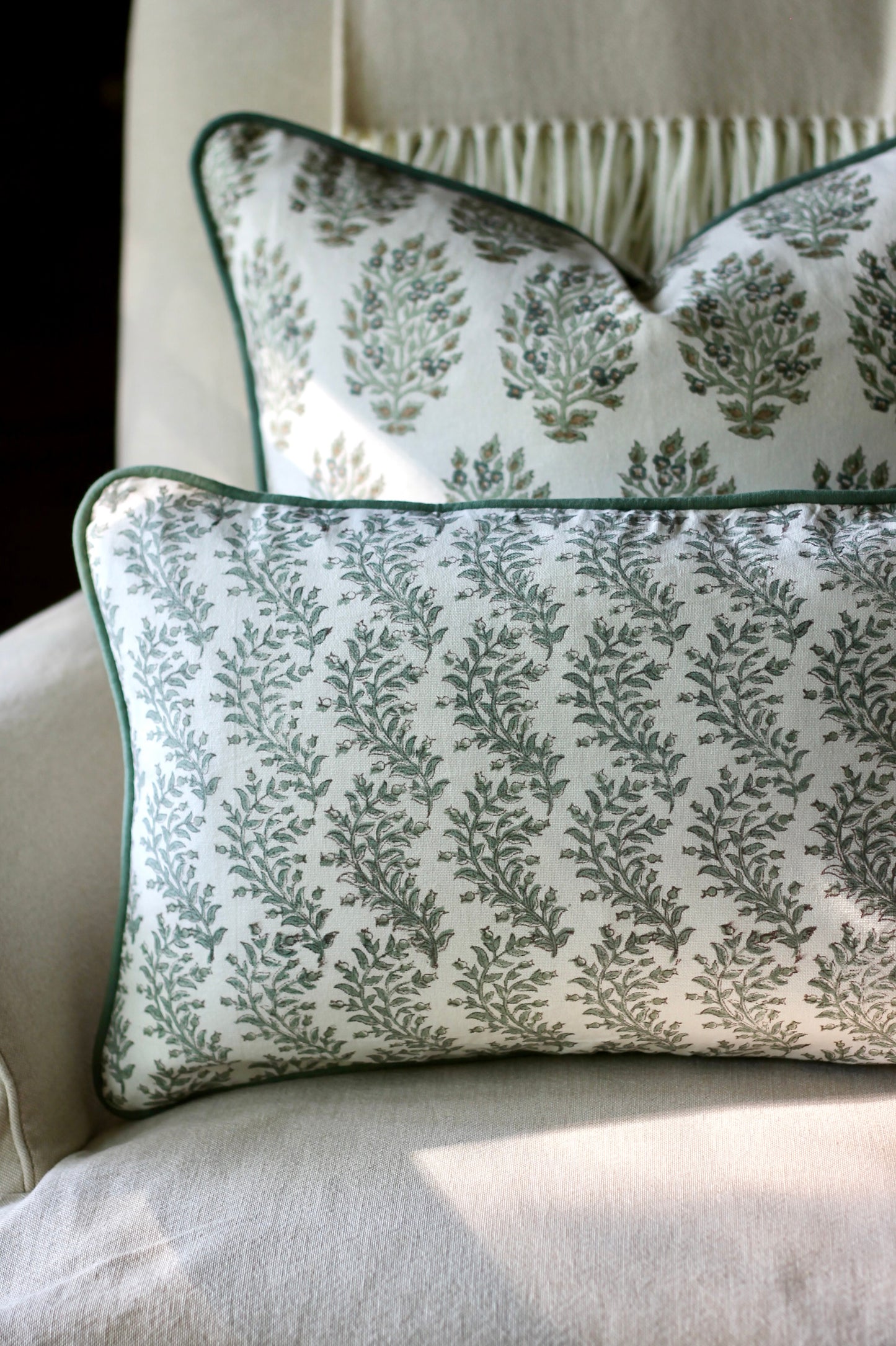 Garland in Sage Pillow Covers with Spruce Piping | 3 sizes