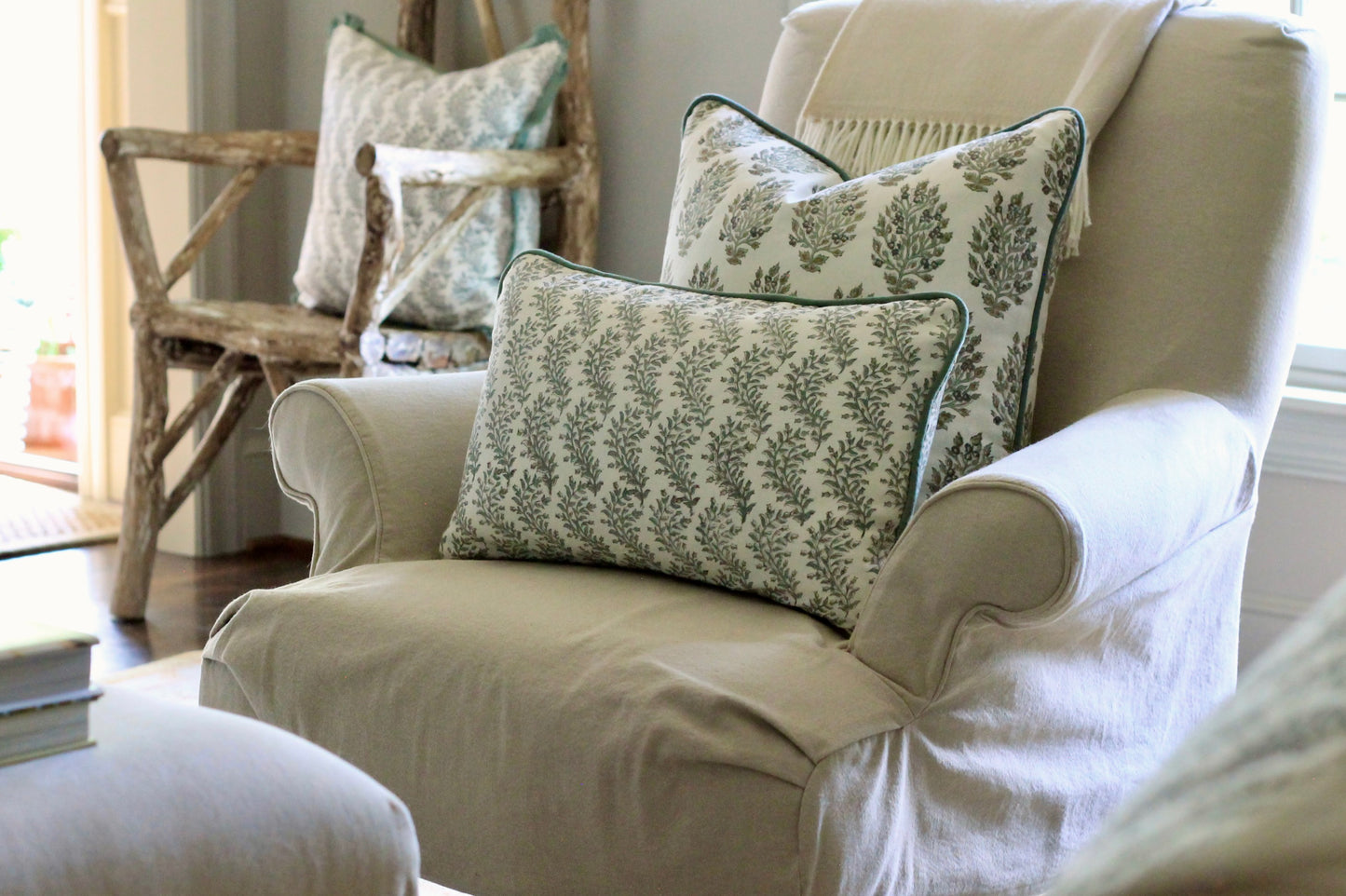 Garland in Sage Pillow Covers with Spruce Piping | 3 sizes
