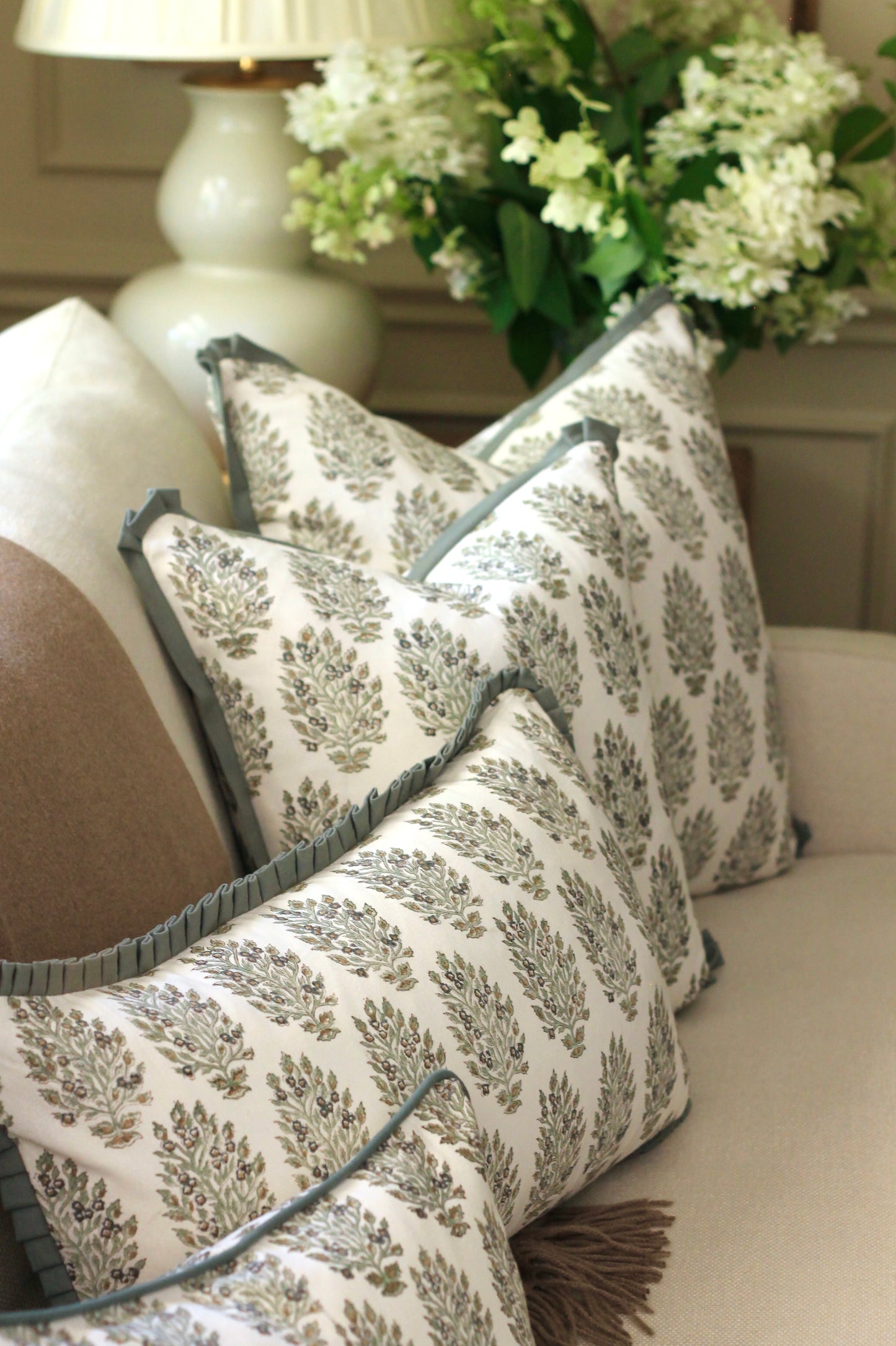 Hydrangea in Slate Pillow Covers with Slate Trim
