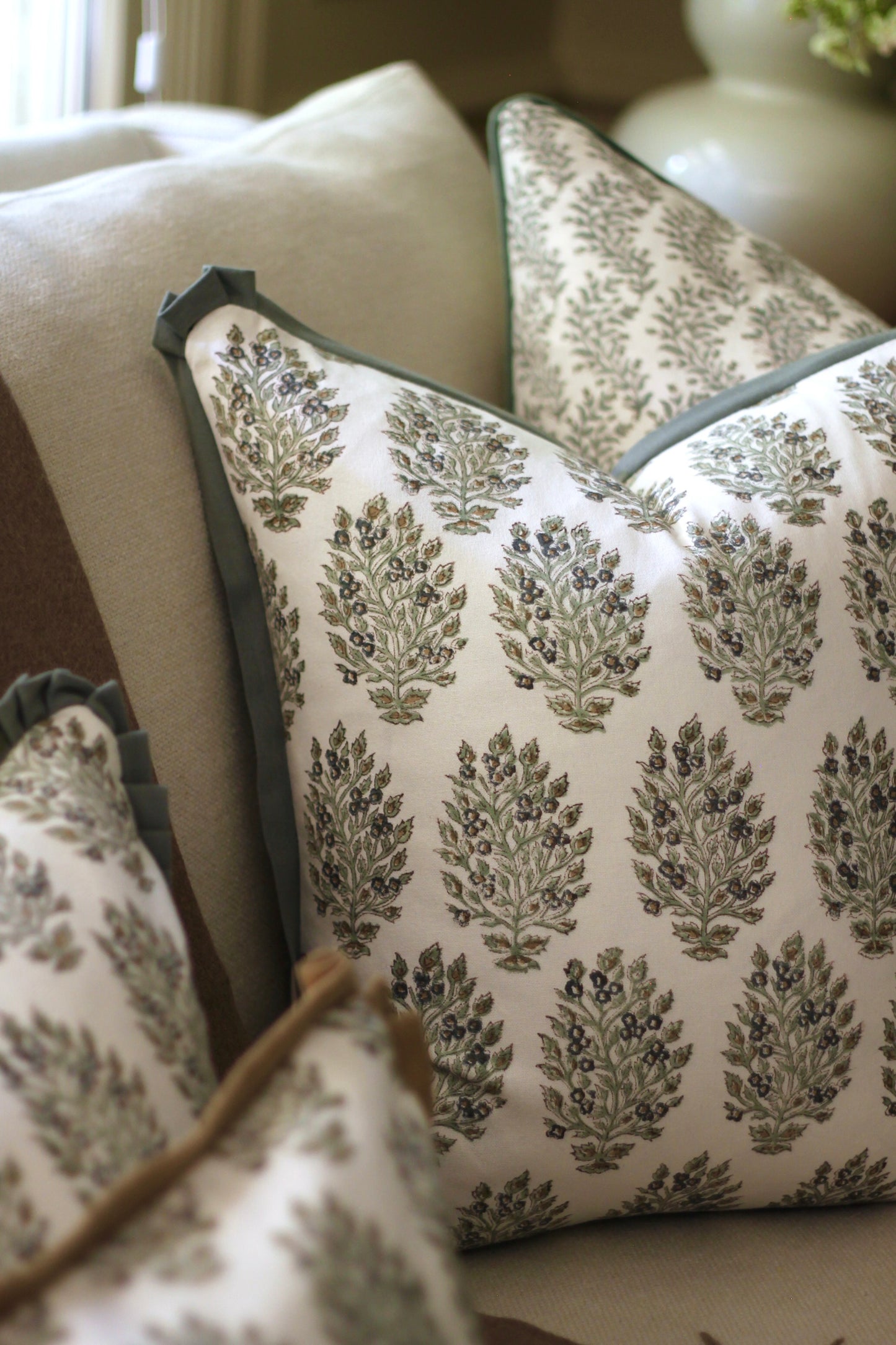 Hydrangea in Slate Pillow Covers with Slate Trim