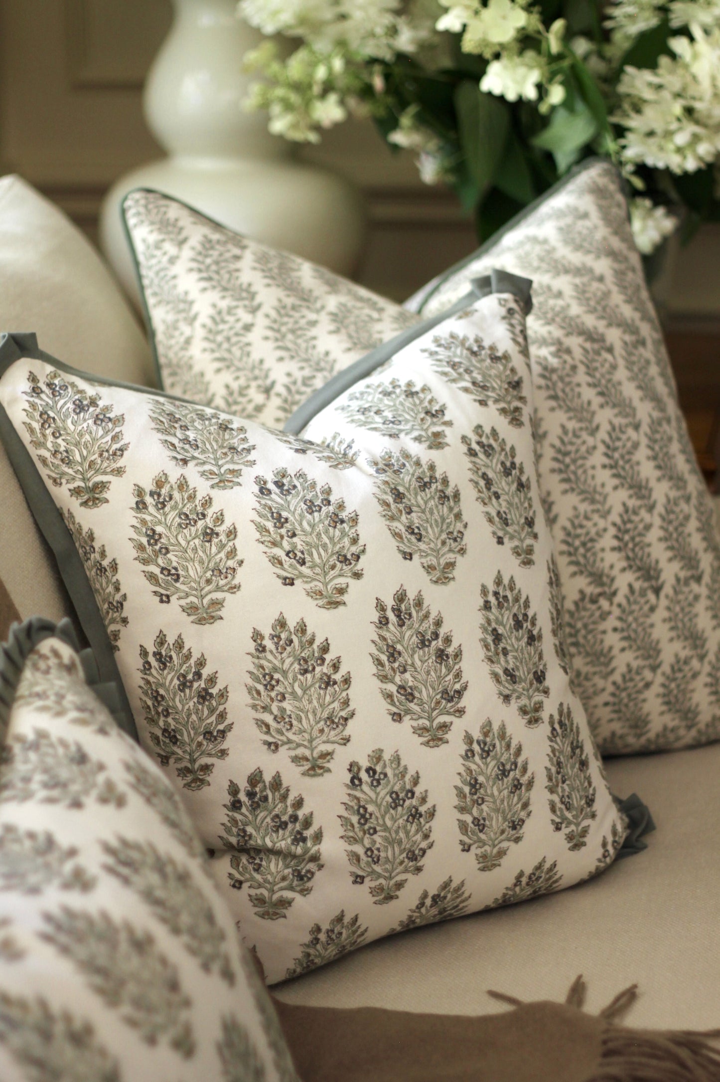 Hydrangea in Slate Pillow Covers with Slate Trim