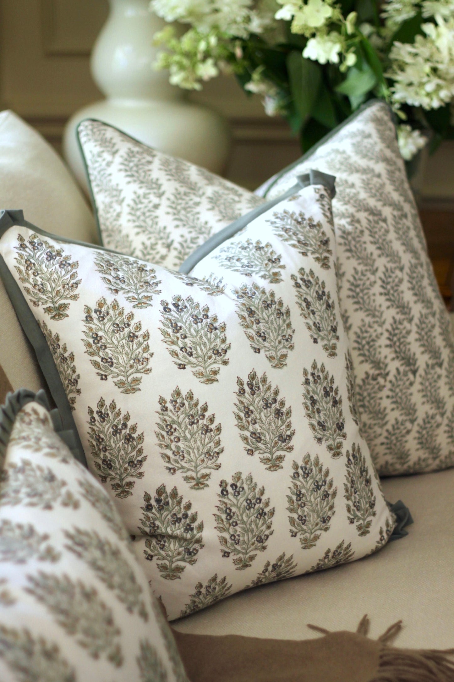 Hydrangea in Slate Pillow Covers with Slate Trim