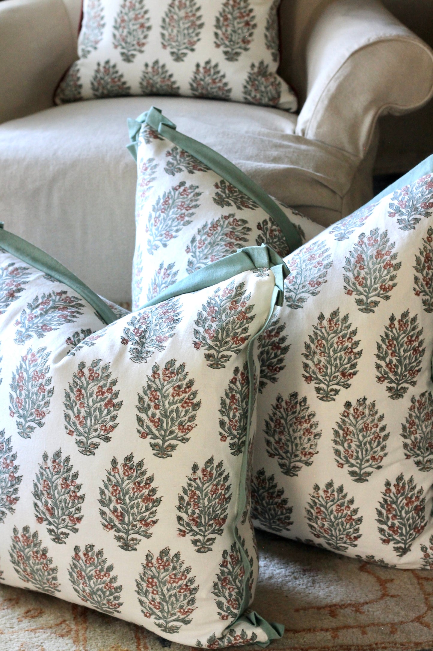 Hydrangea in Woodrose Pillow Covers | Green Trim