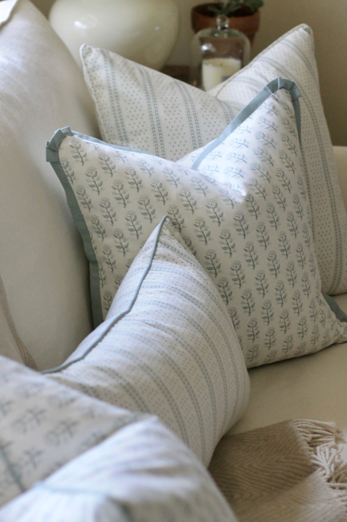 Privet Sprig Pillow Covers in English Blue