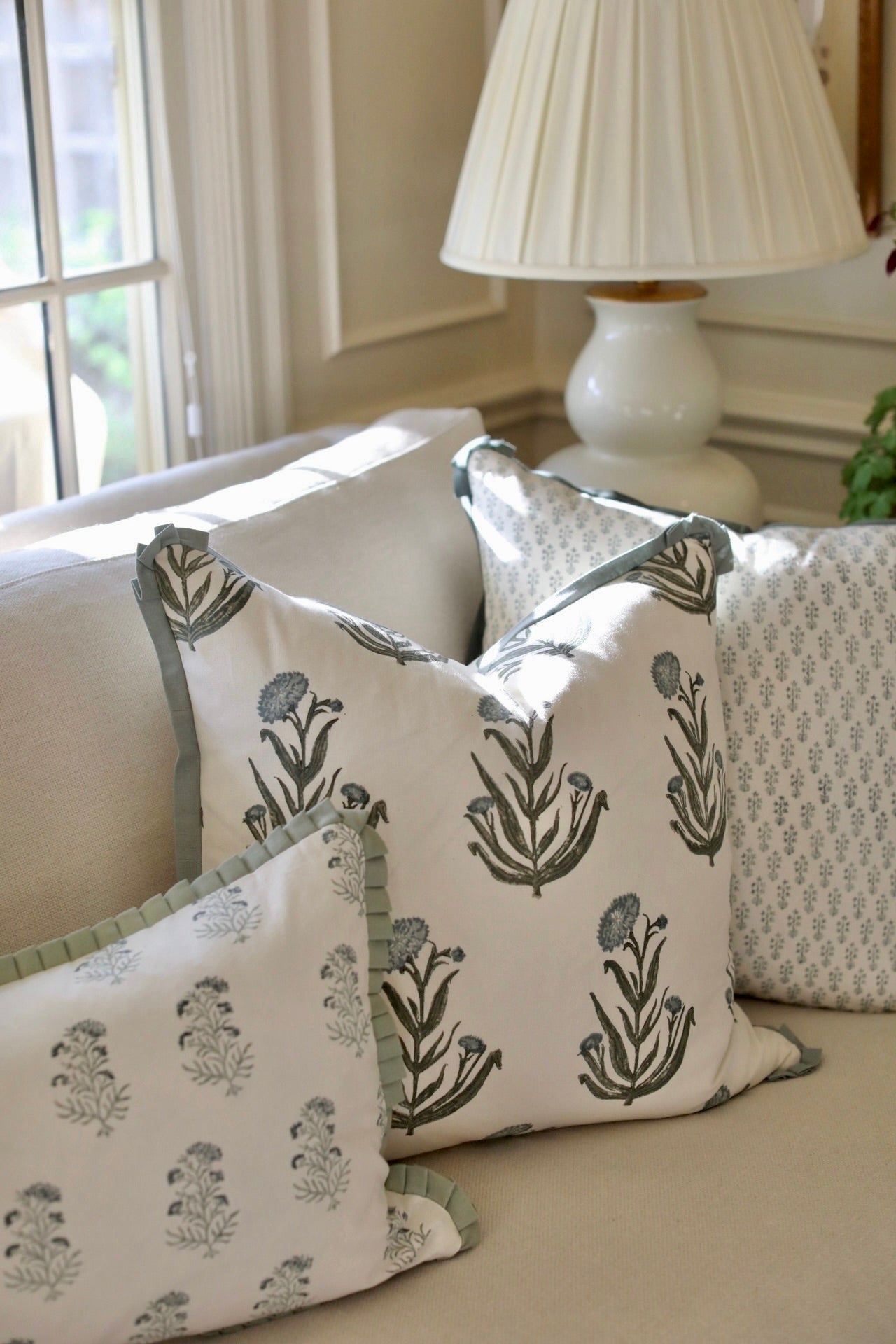 Amanda in Blue Pillow Covers with Moss Trim