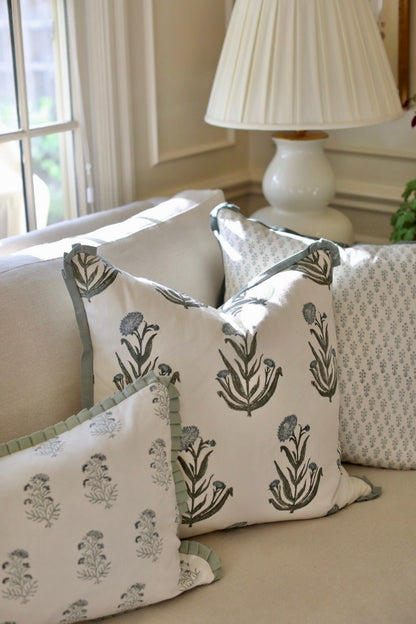 Amanda in Blue Pillow Covers with Moss Trim