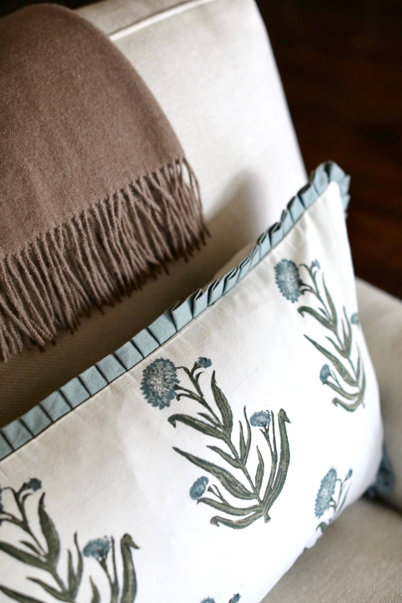 Amanda in Blue Pillow Covers with Moss Trim